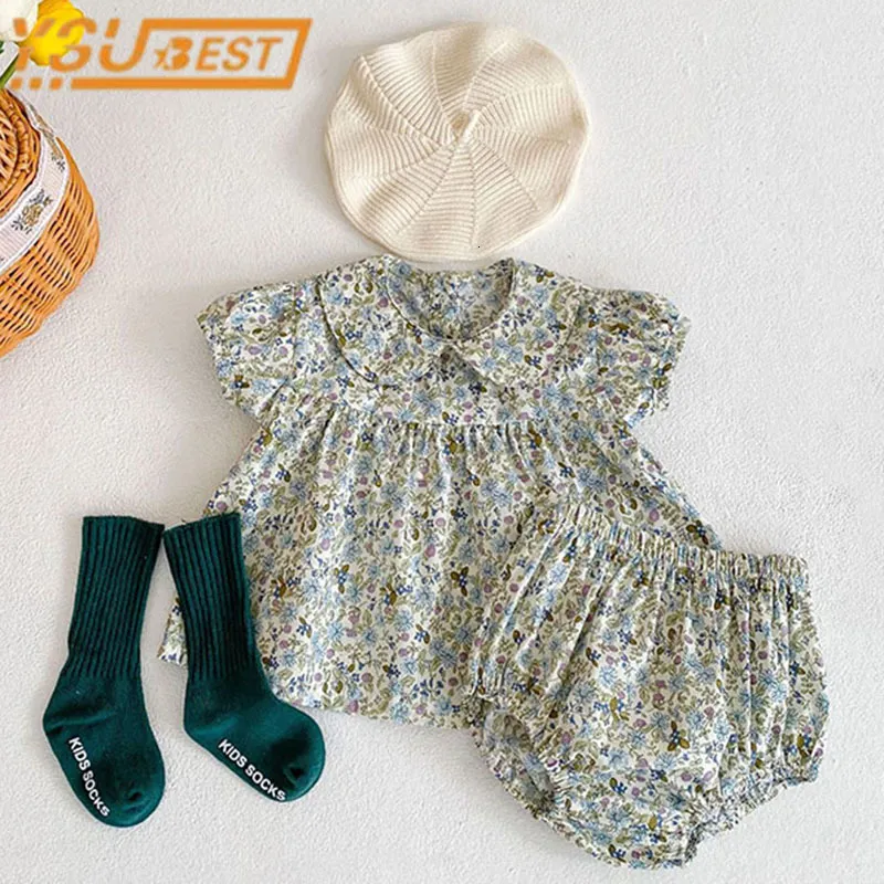 Clothing Sets Korean Style Flower Summer Short Sleeves TopsPP Shorts Suit Baby Girls Clothes Infant Baby Girls Clothing Suit 230418