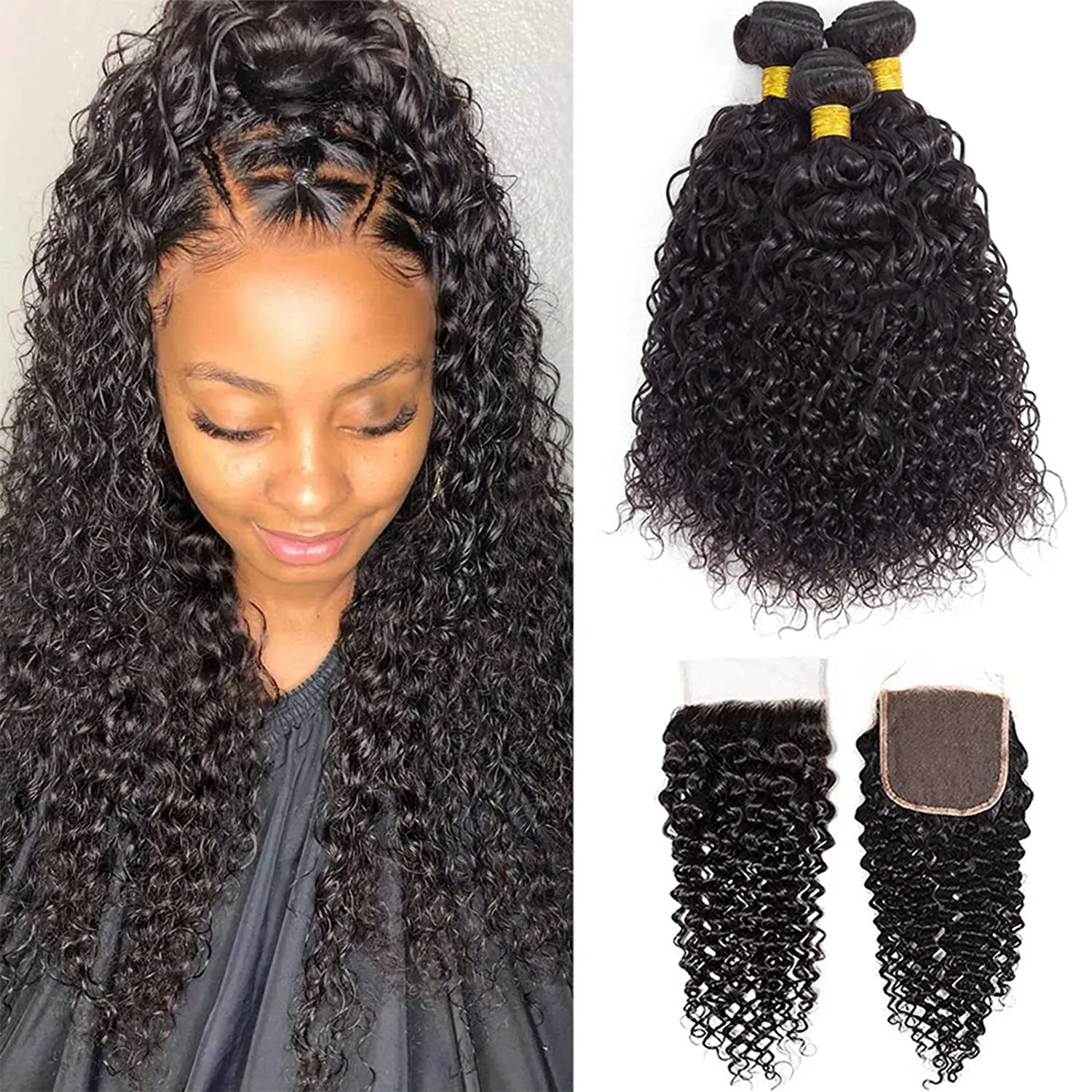 Brazilian Remy Virgin Curly Hair 3 Bundles with 4X4 Lace Closure Free Part 100% Unprocessed Virgin Remy Hair Bouncy Curly Human Hair Weave Bundles with Closure 9A