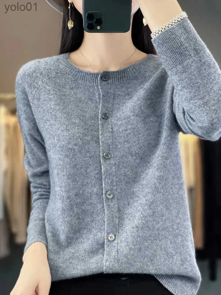 Mélanges de laine pour femmes printemps automne 100% Pure laine mérinos Cardigan pull femmes col rond à manches longues cachemire tricots Fe vêtements GraceL231118