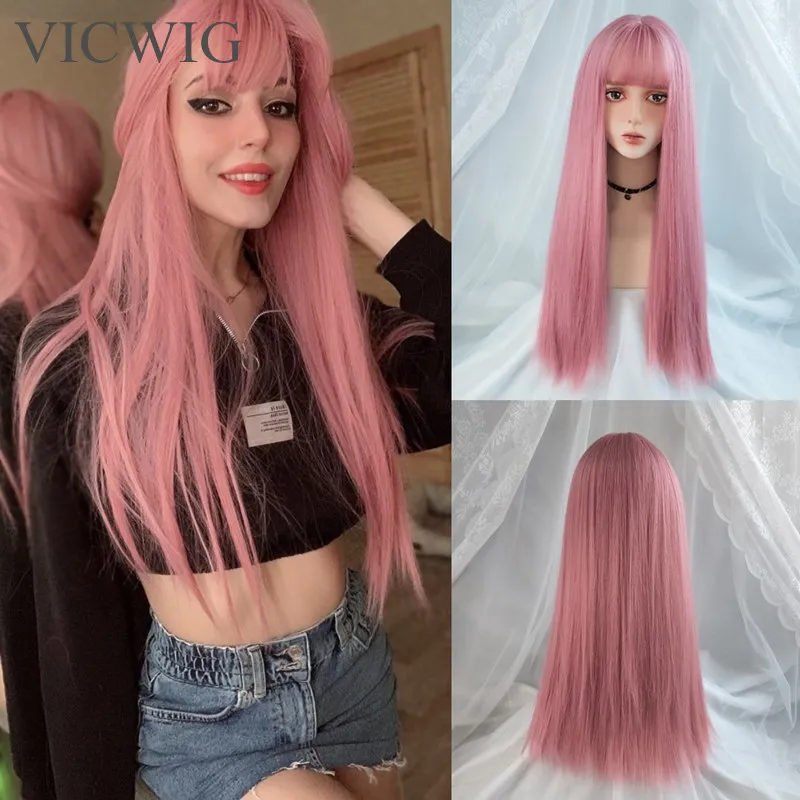Syntetyczne peruki Vicwig Cosplay z grzywką proste włosy 24 -calowe odporne na ciepło różowe dla kobiet 230417