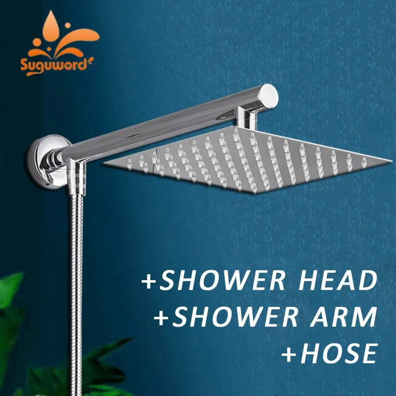 Cabezales de ducha de baño Cabezal de lluvia ultrafino de montaje en pared de 81012 pulgadas con brazo de acero inoxidable de 16 pulgadas Hardware de manguera ABS de 150 cm 231117