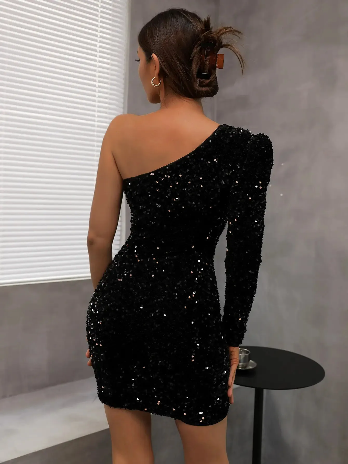 open lace back dress Sparkly Black Bodycon One Shoulder Sequin Star Mini Party Dresses, Black / 4 main image 0