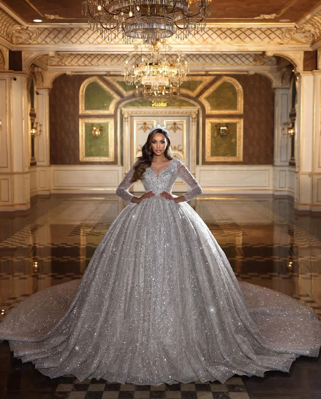 Save Big on Bulk Sparkle Ball Gown Dresses Sequin Ball Gowns: Elegant Long  Sleeve V Neck Wedding Dress With Lace Appliqué, Pearls, And Diamond Accents 