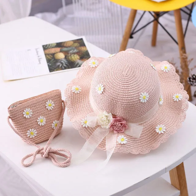 Zomer Little Daisy Children's Straw Hat Set Travel Sunscreen Hat Travel Sun Hat Shade Hat + Bag