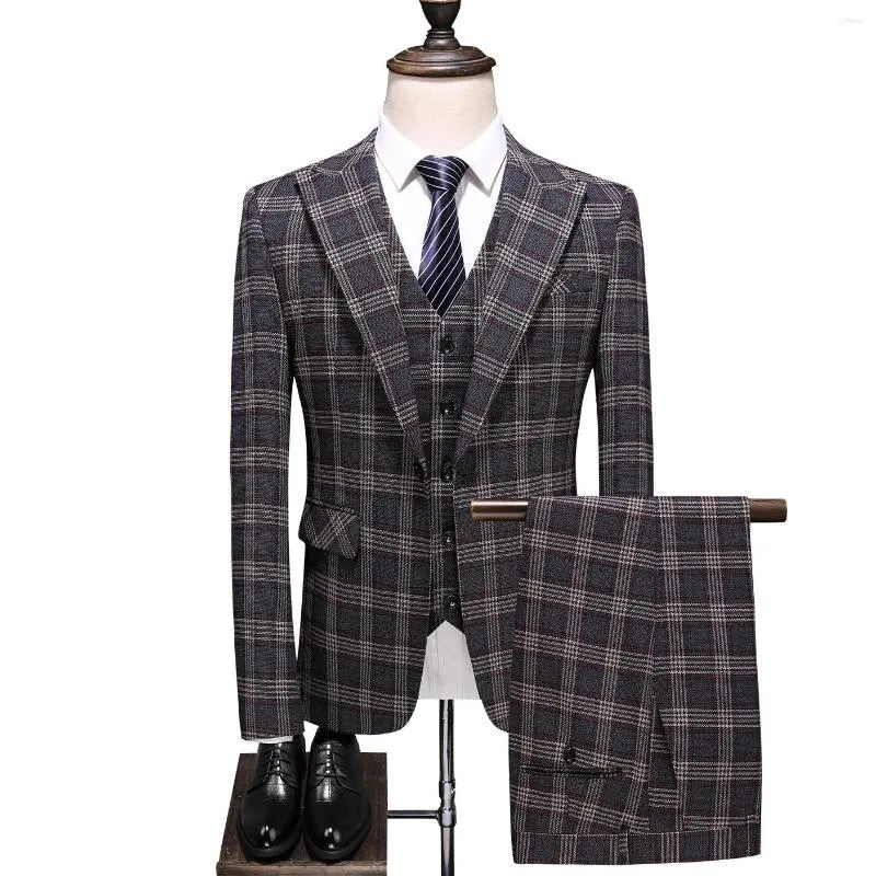 Men's Suits (Jackets Vest Pants) 2023 Clothing Men Pure Cotton Plaid Business Blazers/Male Slim Fashion Male Groom Dress Three-piece Suit