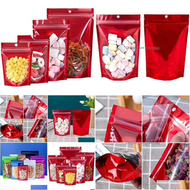 Bolsas de embalaje Plástico transparente Papel de aluminio rojo Autoadhesivo Bolsa de pie con orificio para colgar Bolsas con cierre resellable para alimentos Doypack LX5483 DHSRU