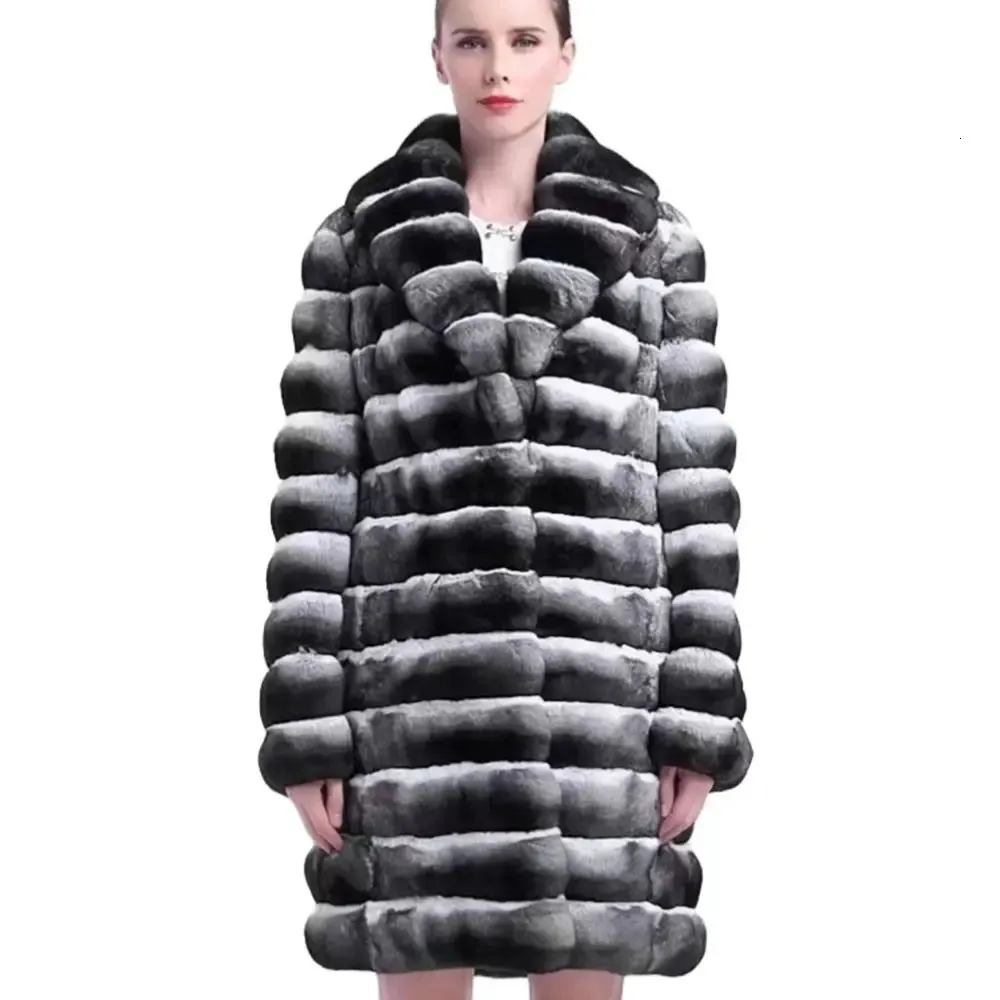 Manteau rayé en fausse fourrure Chinchilla pour femme, véritable lapin Rex, revers mi-long, épais et chaud, mode hiver 2023, 231117