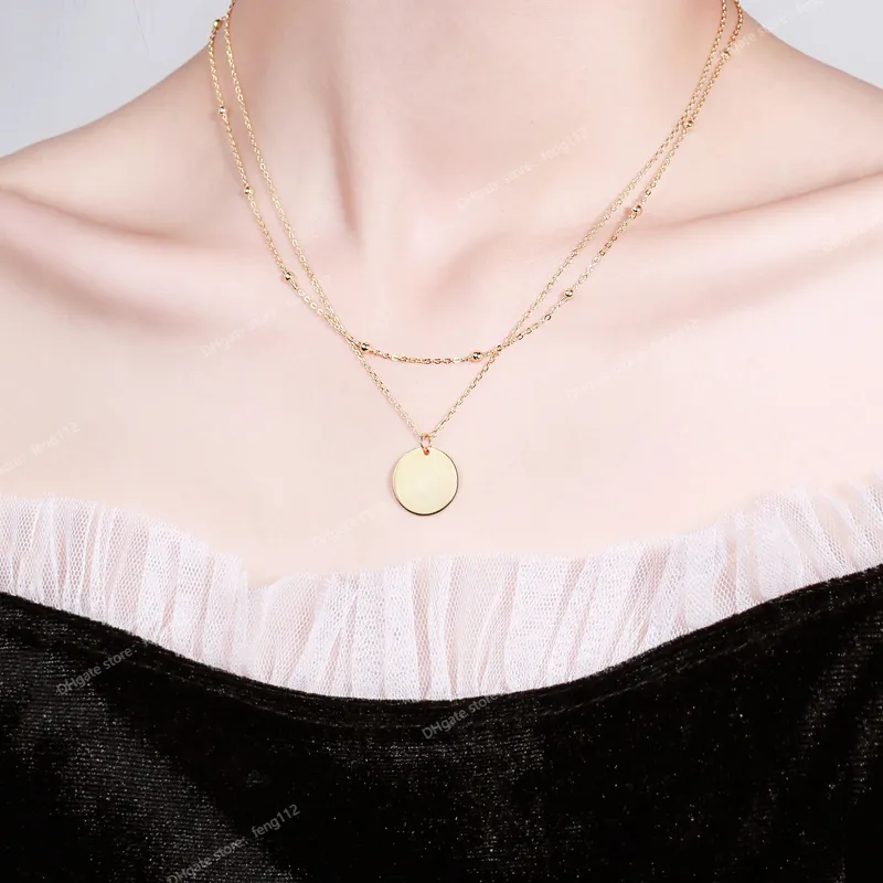Couleur argent Double couche disque rond pendentif collier couleur or perle chaîne collier à breloques pour femmes bijoux S-N574 bijoux de modeCollier chaîne collier