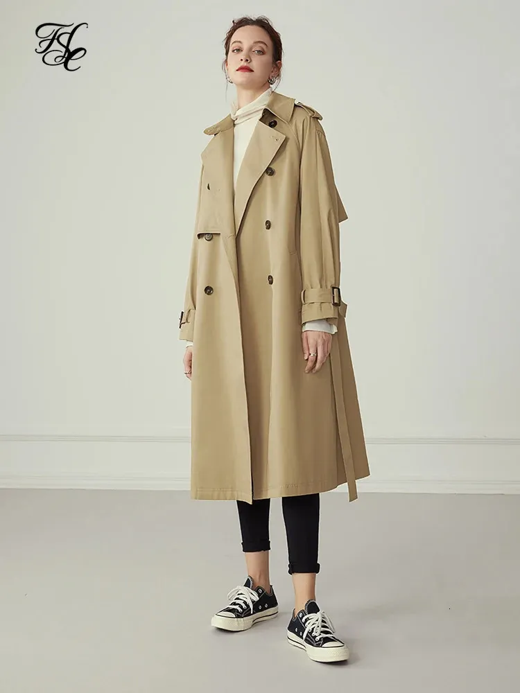 Misto lana da donna FSLE 100% cotone kaki Lungo trench da donna Autunno Inverno Colletto rovesciato Abiti da donna Causale Cintura a maniche lunghe Trench 231117