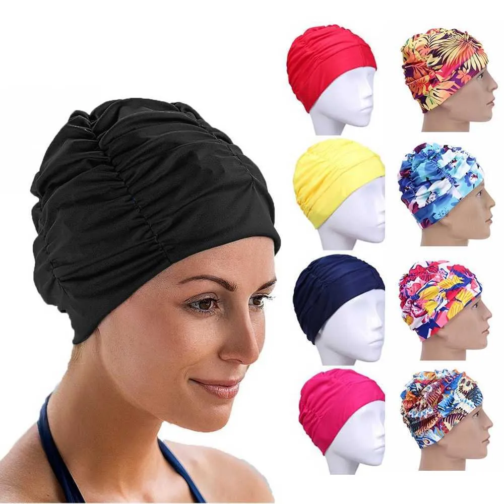 Swimming caps 1PC haute élastique bonnet de natation hommes femmes taille libre solide fleurs imprimé cheveux longs sport natation piscine chapeau Nylon Turban P230418