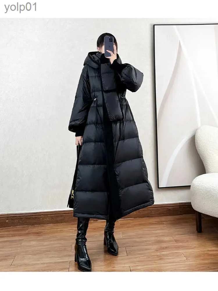 Women's Down Parkas Winter Long Thick Down Jacket för kvinnor med huva Pull Chain och bred manschetter Fashionabla Pufferfish Black Navy Snow Coatl231118