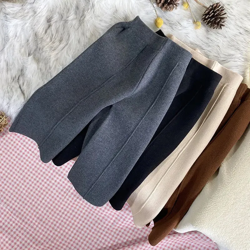 Trousers Kids Girls Knitted Casual Pants Loose Autumn Winter Outwear Black Gray Apricot Wide Leg Korean Style 231117