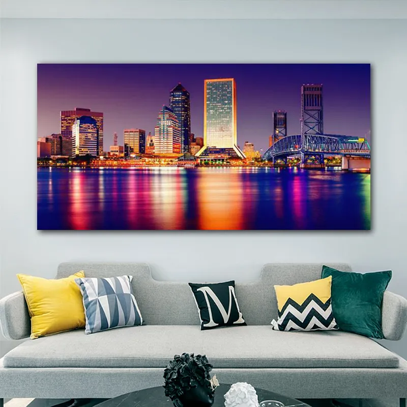 Moderne CityScape Affischer En skriver ut Muur Art Canvas Schilderij Florida Tampa Night View Foto's Voor Woonkamer Decor No Frame