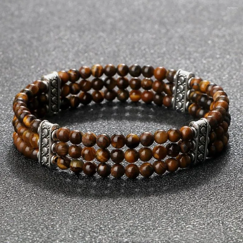 Strand 3 Rows Natural Stone Bracelets For Men Black Onyx Tiger Eye Beads Bracelets&Bangles Couples Elastic Wristband Women Jewelry