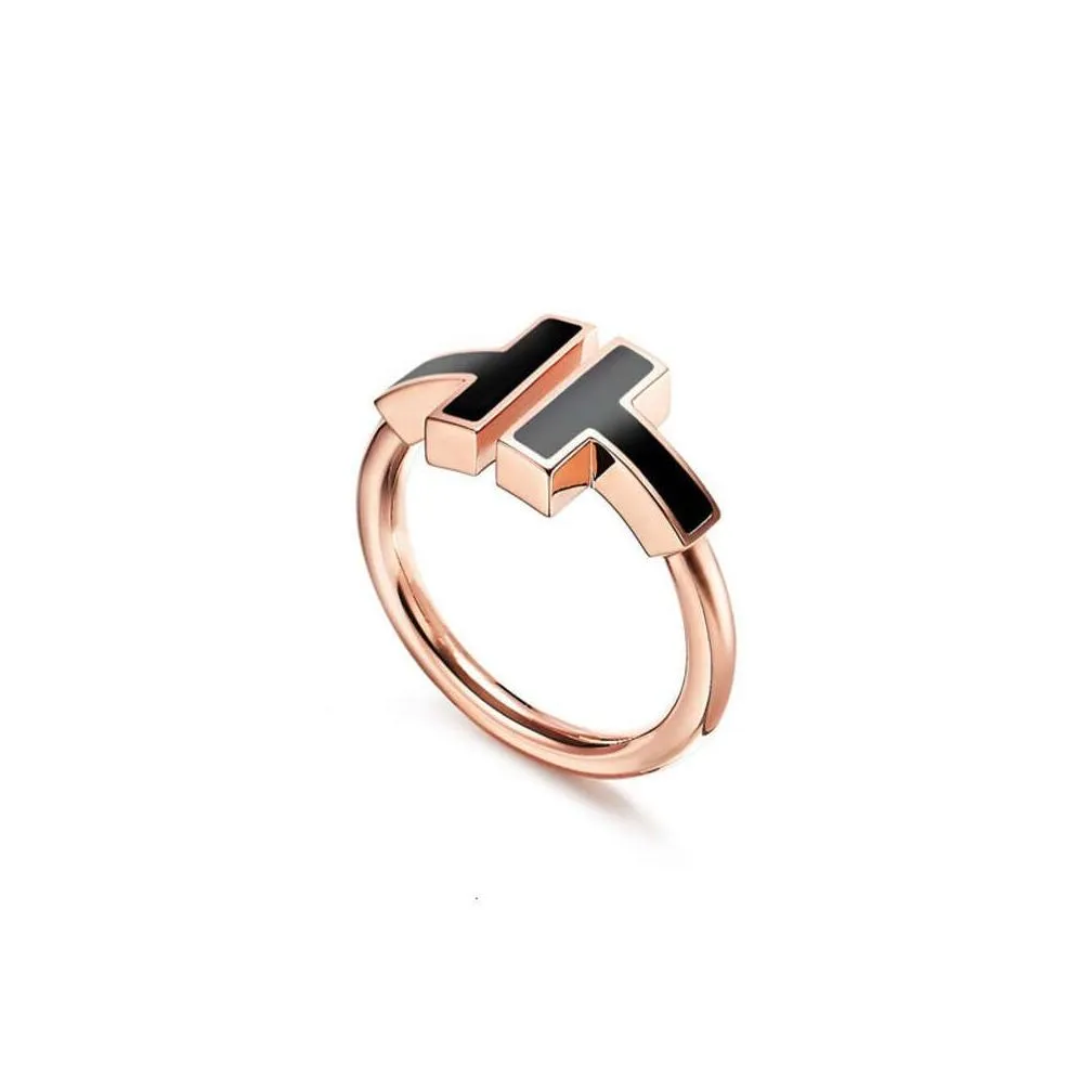 Band Rings Band Rings T Home Jewelry 925 Sier V Gold Material Simple Lies Fashion Commuter Enamel Double T-Shaped Open Ring Drop Deliv Otetc