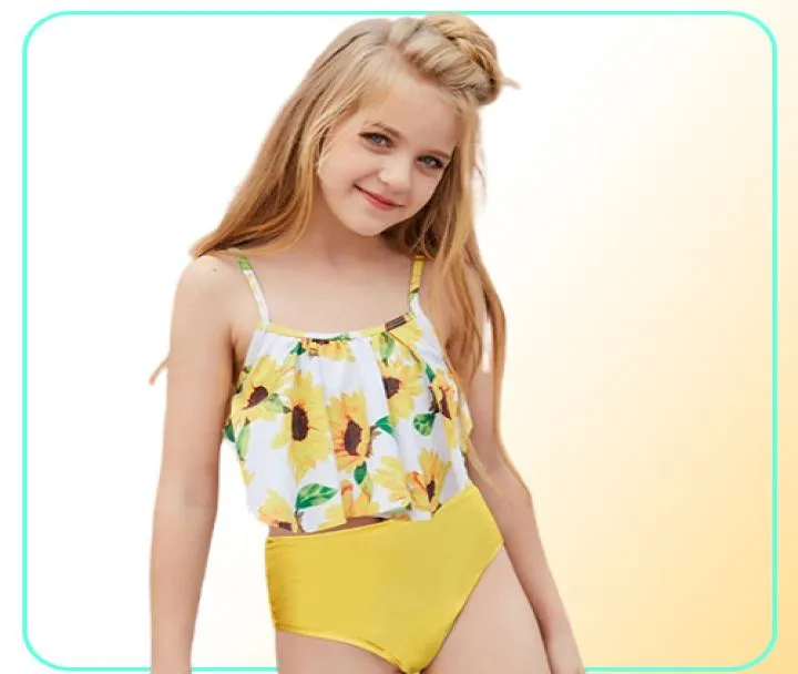 Cute Girls Bikini Set: Yellow Printed Swimsuit for Teens, 5-10