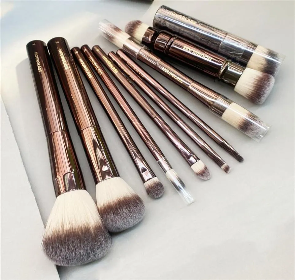 Hourglass Makeup Borstes Set 10st Powder Blush Eyeshadow Creas Concealer Eyeliner Smudger Darkbronze Metal Handle Cosmetics 6413157