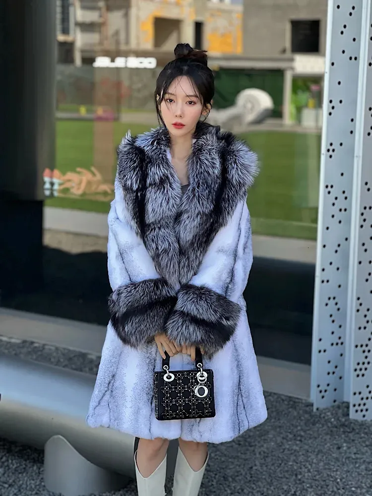 Women's Fur Faux s Real Rabbit Coat Thick Warm Natural Long Jacket Winter CollarCuffs Luxury Belt Fashion 231117