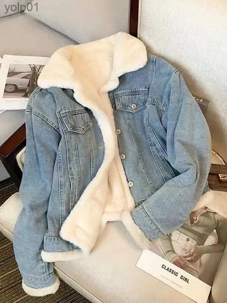 Piumino da donna Parka invernale in pile addensato giacca di jeans da donna allentato oversize casual jeans caldi cappotti indossare collo di pelliccia maniche lunghe vestiti FeL231118