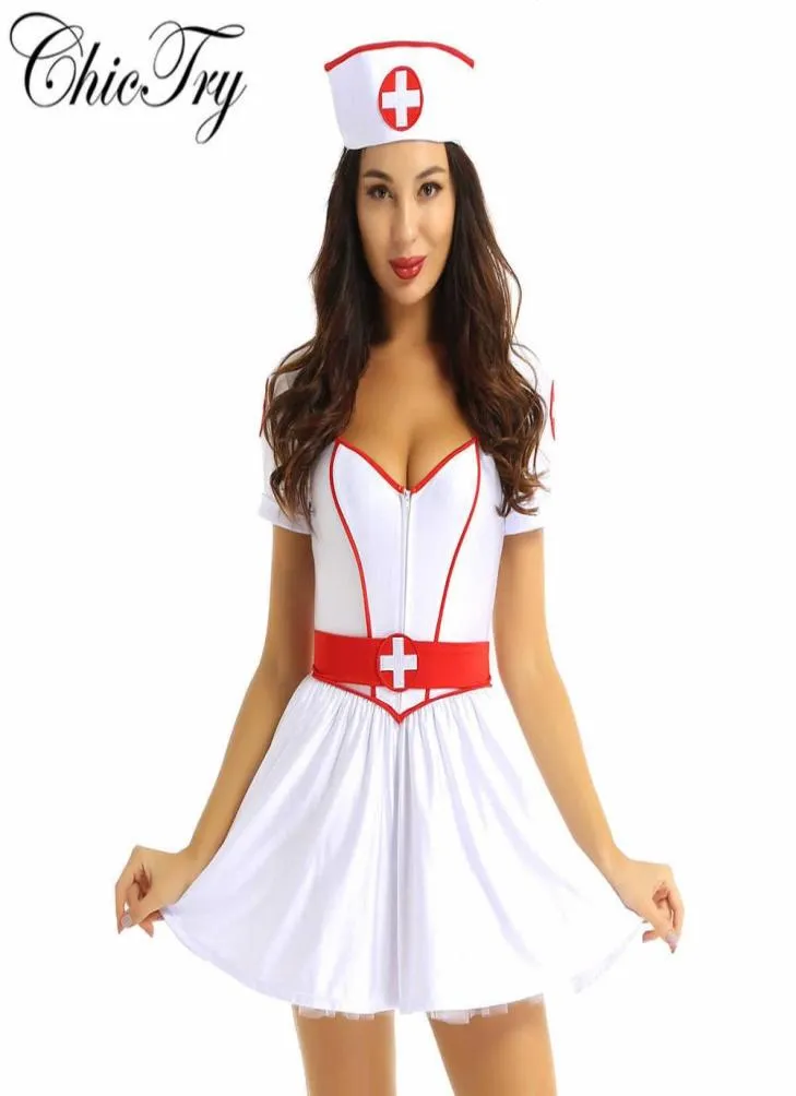 3Pcs Women Adults Naughty Nurse Cosplay Costume Halloween Party Outfit Sweetheart Neckline Tutu Dress with Headband and Belt G09259318708