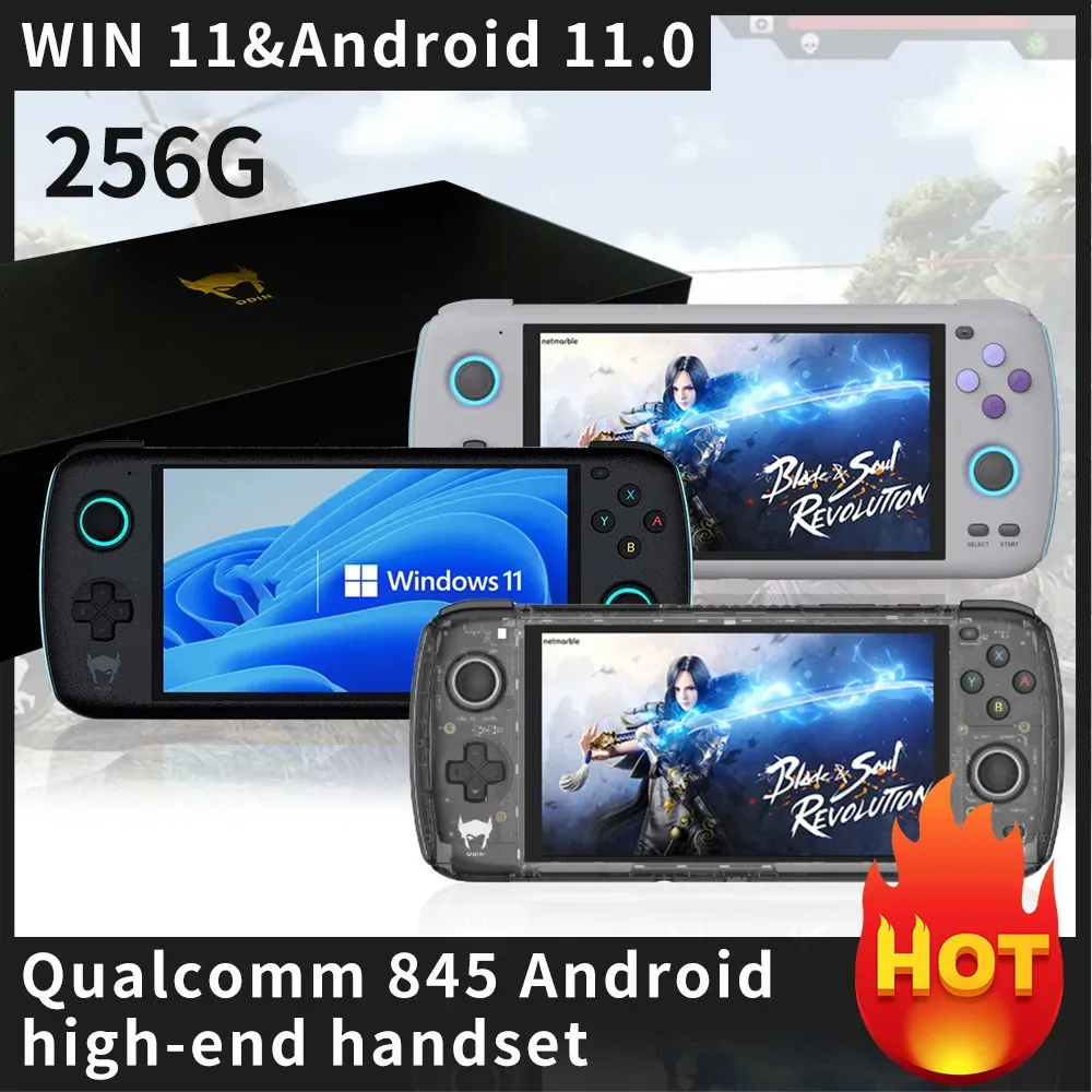 Przenośni gracze gier 5 98 -calowe Ayn Odin Pro Handheld Console 8G 256 GB SD845 WIN 11 Android Retro Games Video z Wi -Fi TV Out Box 231117