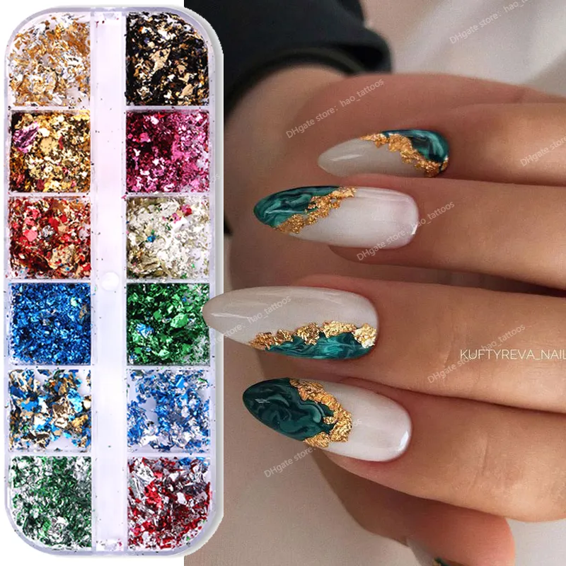 12 Grids Nail Art Foil Flakes Gold Silver, Sparkly Gold Silver Irregular Nail  Foil Metallic Foil Flakes, Holographic Nail Foil Glitters For Acrylic Na