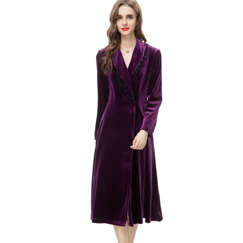 Robes de piste pour femmes col rabattu manches longues glands à lacets velours une ligne mode haute rue concepteur mi robes