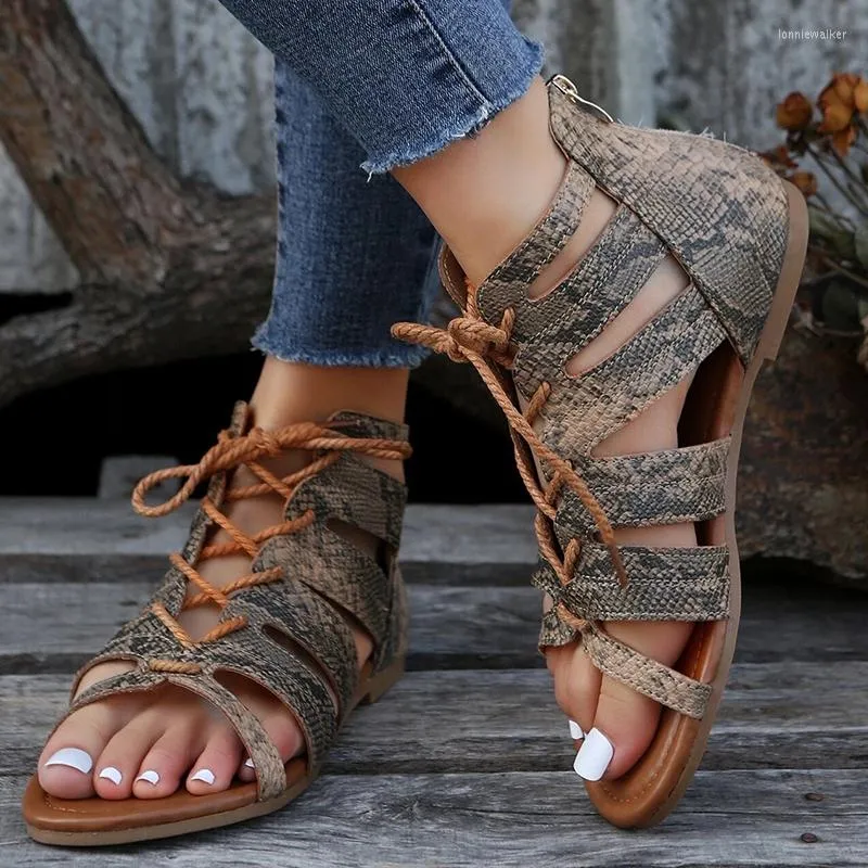 Sandali Fashion Women Snakeskin Goffrato Lace-up Front Gladiator 2023 Summer Outdoor Slides Scarpe casual