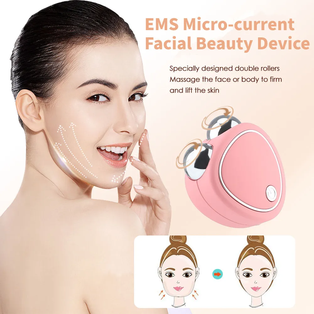 Dispositivos de cuidados com a face EMS Microcorrente Beauty Lifting Slimming Dispositivo Elimine o edema Reduza o massageador de vibração de rolos duplos 230418