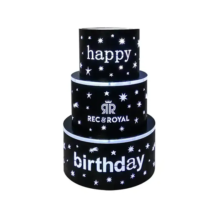 Présentateur de bouteille de gâteau LED lumineux 3 couches, rechargeable, joyeux anniversaire, LOGO personnalisé OEM, signe néon glorificateur de Champagne