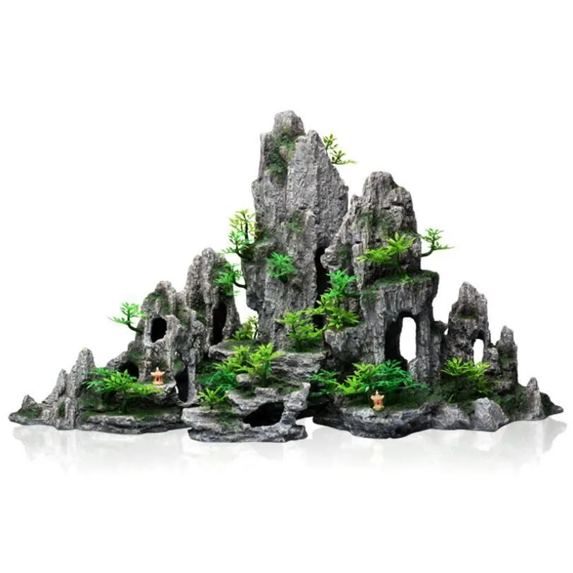 Decorations Mti-Style Ornaments Rockery Decorations Aquarium Artificial Resin Stone Landsca Simation Moss Fish Live Aquariums Accessor Dhejs