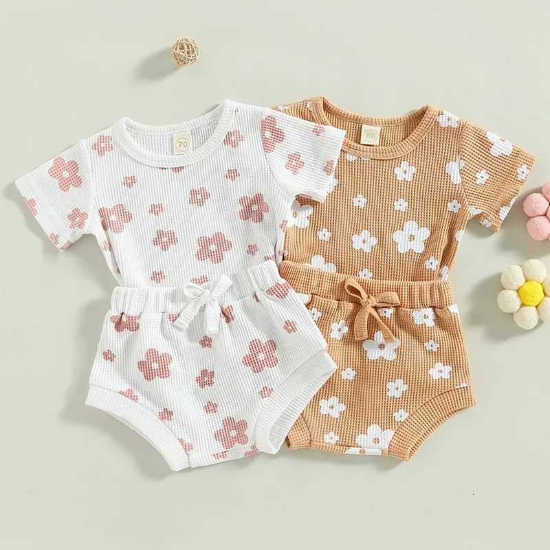 Clothing Sets 0211 Lioraitiin 018M Infant Baby Girl 2Pcs Summer Outfits Short Sleeve Waffle Knit Floral Tshirt Shorts Set 230418