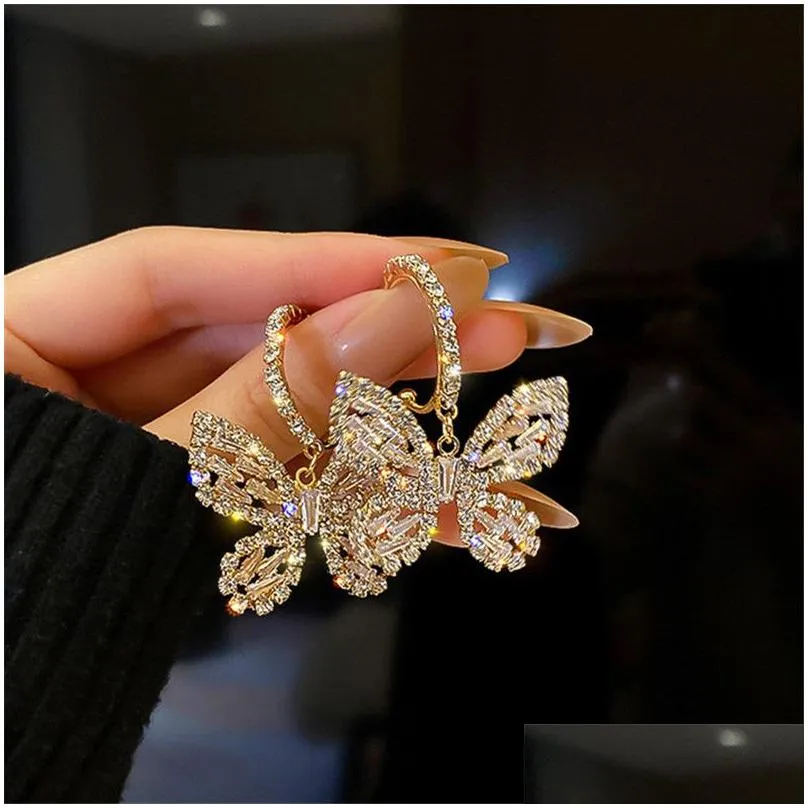 Dangle & Chandelier Style Golden Butterfly Zircon Crystal Dangle Earrings For Women Blue Rhinestone Weddings Party Jewelry A Dhgarden Otde6