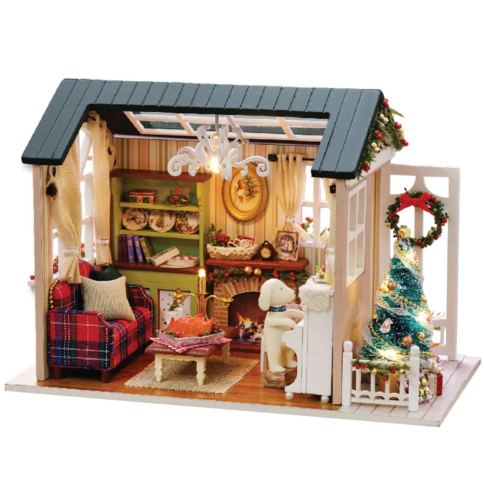 Décorations de Noël DIY Miniature Dollhouse Kit Réaliste Mini 3D Maison en bois Chambre Artisanat avec meubles LED Lumières Cadeau de la journée des enfants 231117