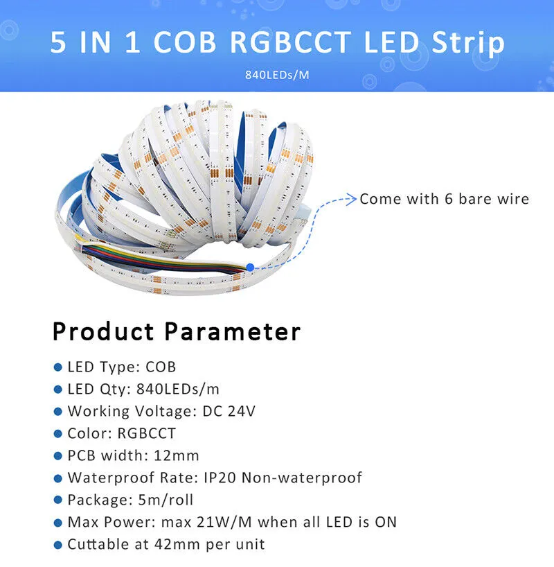 COB LED Light Strip 5M DC24V RGBCCT 840LEDs/m High Density FOB COB RA90 Linear Dimmable Led Light for Smart Decoration