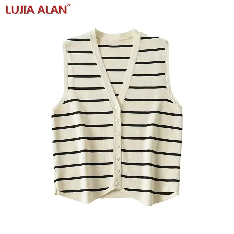 Kadın Sweaters Kadın Çizgili Örme Sökü Yelek Kadın V Yastılı Tek Kelime Krop Sıradan Slim Fit Tank Tops Lujia Alan SW2266 231117