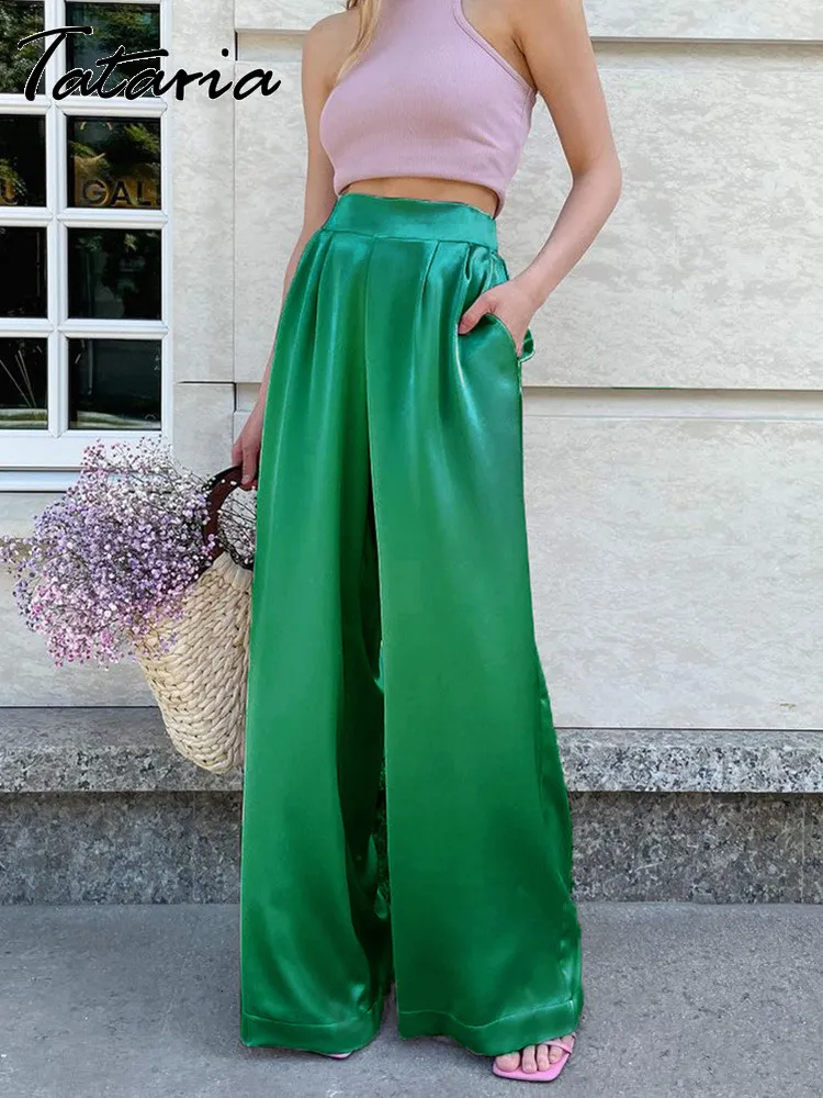 Spodnie damskie Capris Summer Green Satin Satin Szerokie Dziedzice dla kobiet wysokich talii szerokie nogi workowate spodnie Soft Girl Estetyczny proste spodnie 230417