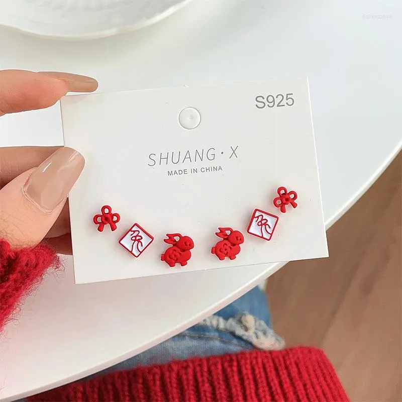 Stud Earrings 2023 Chinese Style In The Year Of Birth For Women's Red Knot Celebration