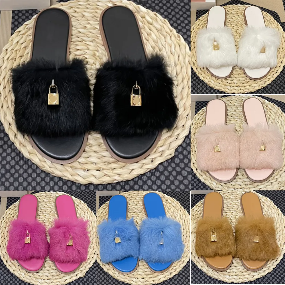 Nouveaux pantoufles de créateurs Wool Lock Slides Sandales Noir Bleu Rose Fuchsia Marron Blanc Luxe Femmes Fourrure Hiver Pantoufle Mode Dames Chaud Sandales Plates Chaussures Eur 35-40