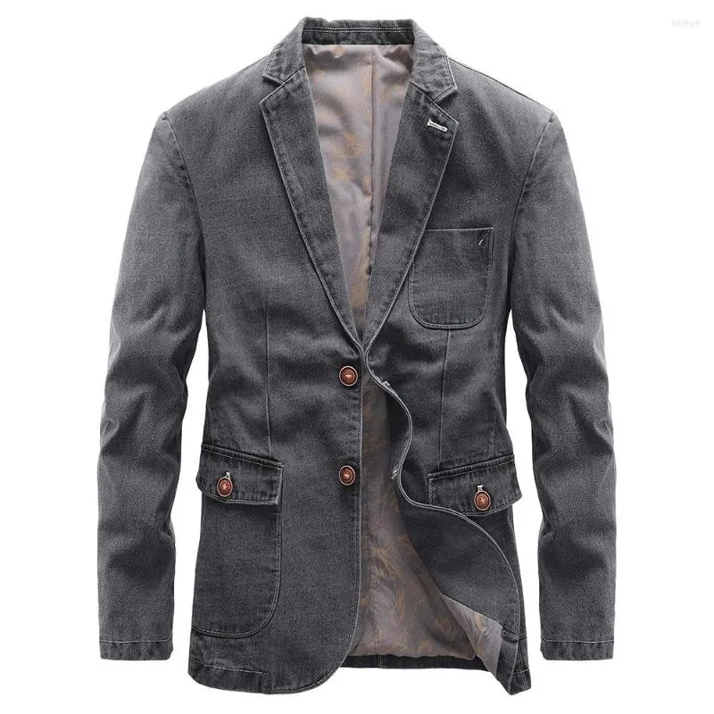 Herenpakken mannen katoen denim pak jas knop bovenste heren dunne slank zwart grijs veer blazer mannelijke bovenkleding casual kantoorkleding 4xl