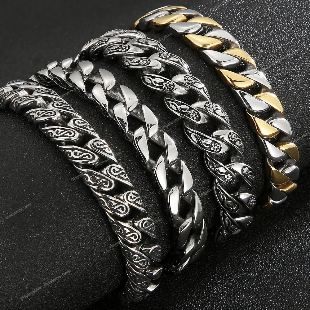 Man Bracelet Homme 12MM Wide Stainless Steel Curb Chain Charm Bracelets Hand Bands for Men Vintage Mens Jewellery Accessories Fashion JewelryBracelets