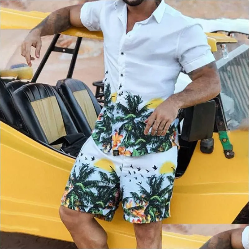 Herrespår Mens 2023 Summer Hawaii Trend Printing Sets Men Shorts Short Shirt Clothing Casual Round Collar Floral Beach Kort ärm DHR2C