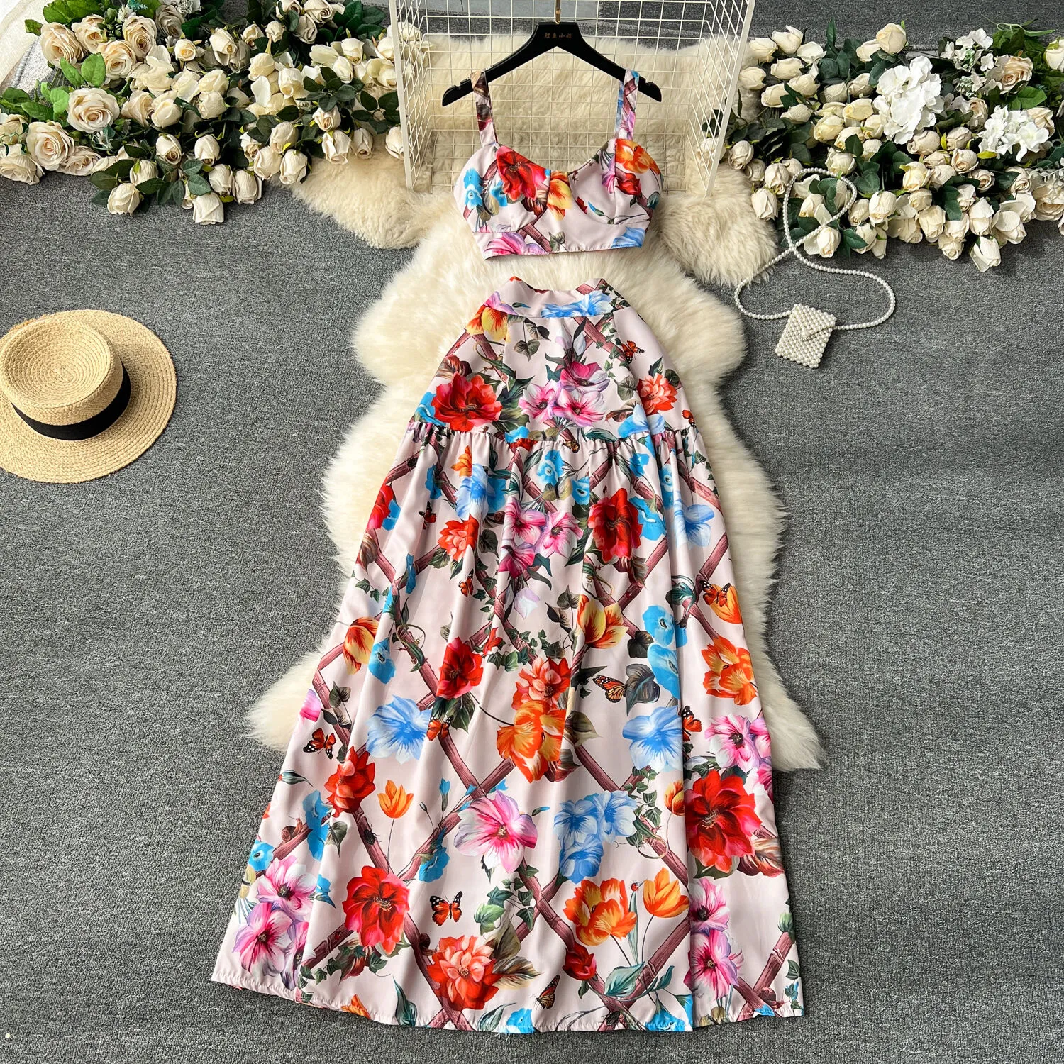 Two Piece Dress Sexy Beach Style Print 2 Pieces Set for Women Summer Fashion Sleeveless Crop Top and High Waist A Line Long Skirt Suits 2024