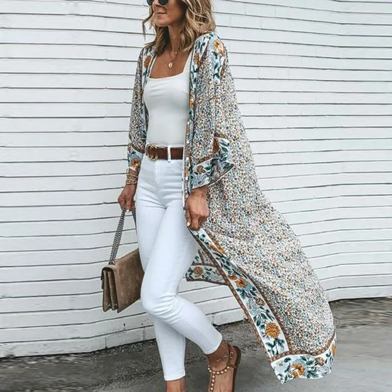 Women's Blouses Shirts TEELYNN Kimono Cardigan long Women blouse shirt vintage floral print Boho robe beach cover up summer cover up wrap Blusa 230417