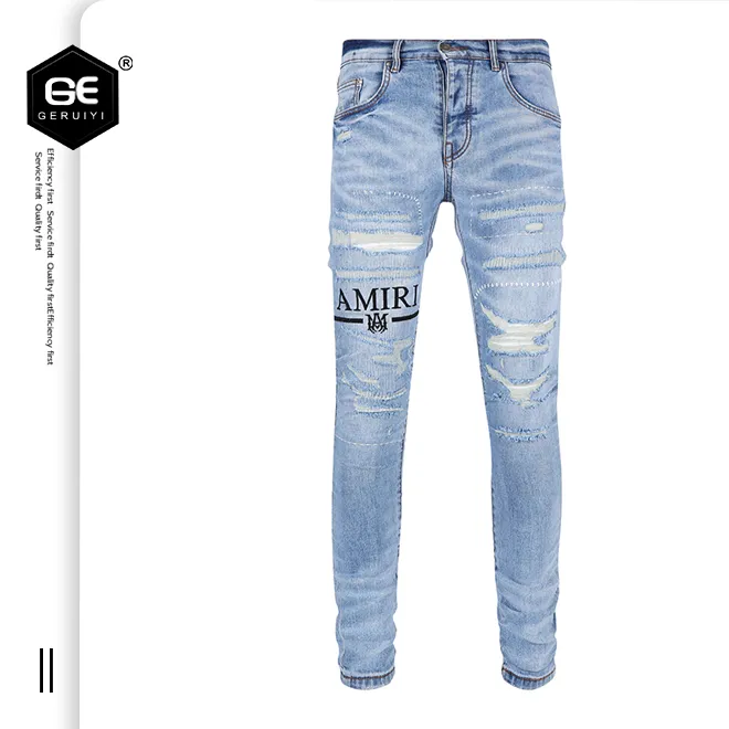 Black 2023 New Fashion Men's Jeans American Trengy Men’s Slim Pants Straight Dustive Hole High Design Design Design Y2K Streetwear Hip Hop congend