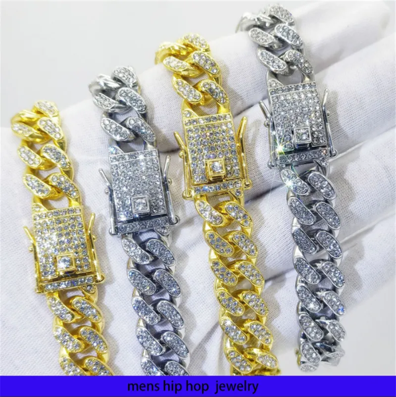 collana hip hop per catena d'oro da uomo catene cubane ghiacciate Chaoren Catena cubana a fondo piatto da 13 mm con braccialetto di diamanti per uomo e donna