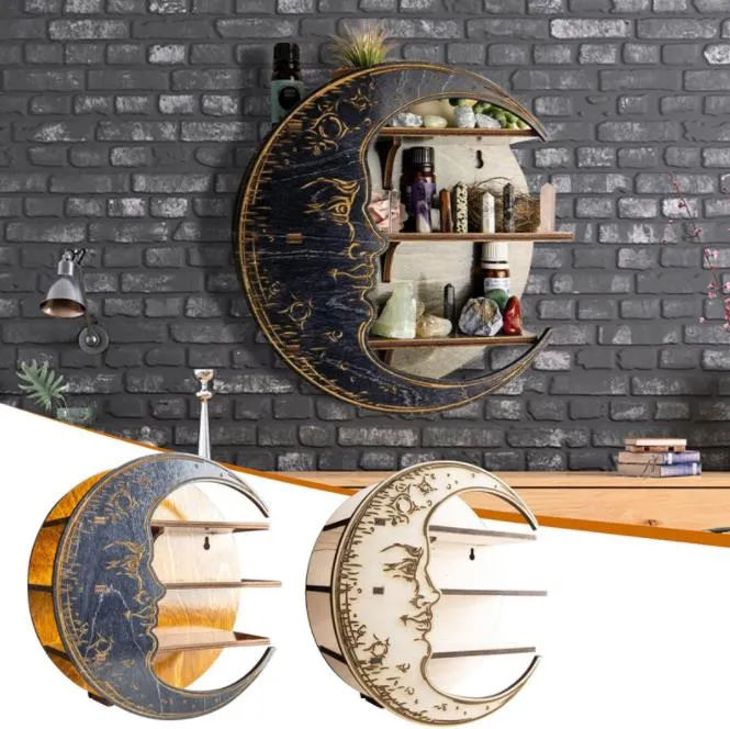 Wystrój do kryształowego olejku eterycznego drewniana półka księżyca salon rustykalny stojak na ścianę do przechowywania stojak do przechowywania