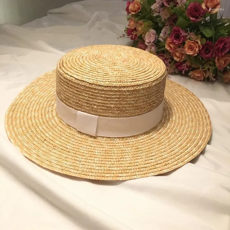 Wide Brim Hats Natural Superfine Flat Top Straw Hat Black And White Cloth Small Beach Sun Wild Summer