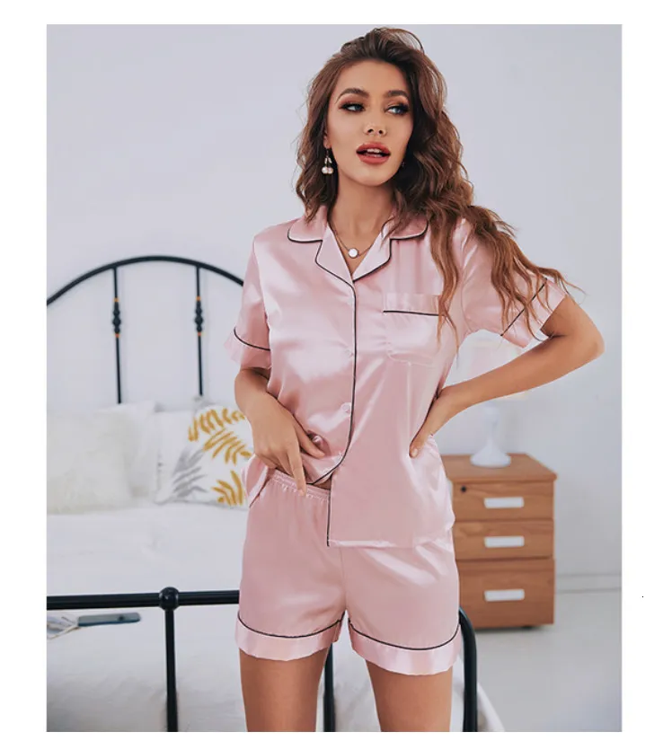 Kvinnors sömnkläder Kvinnor Silk Satin Pyjamas Set Short Sleeve Two-Piece PJ Set Sleepwear Loungewear Button-Down 230418