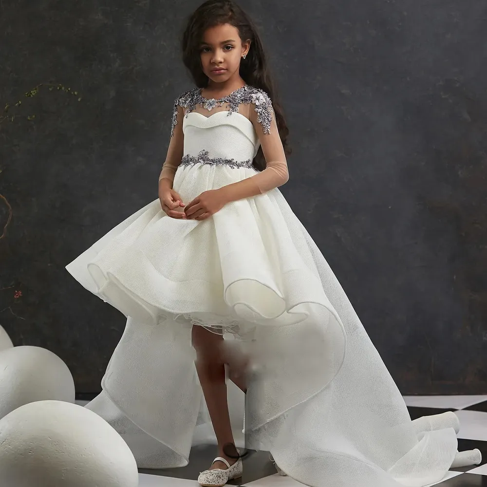 Elfenbein Blumenmädchenkleid High Low O-Neck Durchsichtige Ärmel Kindergeburtstag Abendkleid Rüschen Vorne Kurzer Rücken Lang Formelle Kleidung für Kinder